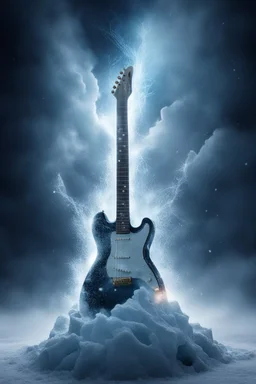 In the cloud an abyss containing electric guitar in an icy winter with cold sparks flying