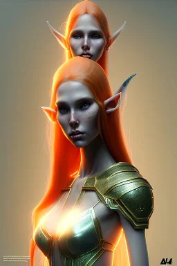 painting of a tall elven young woman with short light orange hair and freckles on the cheak bones and tall body of a topmodel light clothes, full body shot, ultra realistic, concept art, intricate details, eerie, highly detailed, photorealistic, octane render, 8 k, unreal engine. art by artgerm and greg rutkowski and charlie bowater and magali villeneuve and alphonse mucha