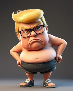 A 3D character image of a fat Donald Trump wearing specks and shorts, a little angry.