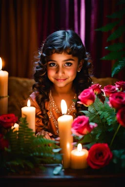 a young girl sitting on a couch holding a bunch of flowers, tanned ameera al taweel, hair whitebangs hair, sitting on the edge of a bed, roses and lush fern flowers, with big eyes, in a room full of candles, a microscopic photo, cute photograph, from left