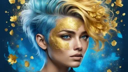 old worn paper, blue background, portrait punk woman, golden hair, flowers made of gold, golden fragments, silver particles, swirls, glare, glow from within, 8K, fine rendering, high detail, hyperrealism, high resolution, multi-layered, hyperdetail, hyperfocus,