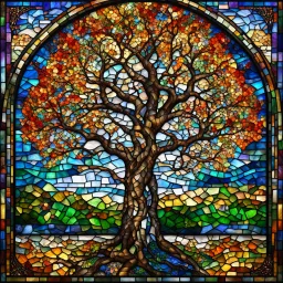 mesmerizing stained glass depicting a tree in four different seasons; mosaic with defined tile edges, ultra hd, realistic, vivid colors, best quality, fragile, dynamic, transparency, photorealistic