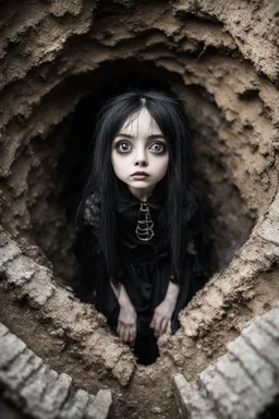 Closeup petit Girl goth with big eyes, fullbody, ragged clothes, extended like roots, the perspective looking up from the bottom of an empty well ,8k,macro photography,