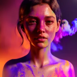 Ultra realistic portrait, color holi festival style, night scene. Naked woman, waist up view, happy, color smoke, highly detailed, concept art, unreal engine 5, god rays, ray tracing, RTX, lumen lighting, ultra detail, volumetric lighting, 3d, finely drawn, high definition, high resolution.