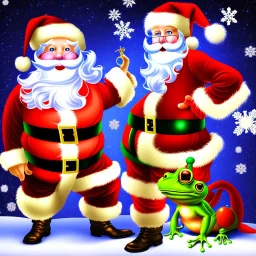 photograph, A giant frog is dressed as Santa Clause, large snowflakes fall