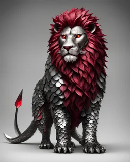 Lion recouvert d'écailles de metal, des yeux rouges rubis et une lame au bout de la queue