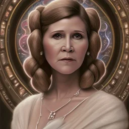 hyperspace background, complete and photo realistic detailed head to waist stunning photo realistic portrait of carrie fisher as Princess Leia in star wars with photo realistic updo by Mandy Jurgens and mucha and Richard Schmid and chuck close and chie yoshii, extraordinary and detailed ceremony dress of star wars,brown eyes