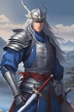 Portrait of a 30 years old handsome samurai in blue and silver heavy armor, fantasy armor with crane sigils, Silver mask, Sengoku Basara, Zen heroe, heroe vibes, fitness body, long silver hair, nobility vibes, gentle smile, nostalgic, heroic pose, japanese spear, 8k, Japanese lake in the background, anime style, perfect anatomy, centered, approaching perfection, dynamic, highly detailed, looking badass, action scene, Hiro Mashima art style, japanese art style, inspired by kawanabe kyōsa