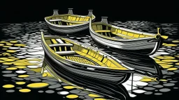 colorful flat illustration classical animes, Several yellow and gray rowboats floating on a dark, reflective body of water, draw art style influenced by japanese artists, niji, black outlines