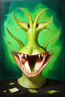 the Venus flytrap wore a mitre, its jaws lined with parchment and guilt; pale neon neo-surrealistic painting