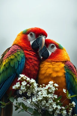 Extremely realistic photo of two colourful Parrots with white tiny flowers and green leaves , fog, general foul weather, (Rembrandt Lighting), zeiss lens, ultra realistic, (high detailed skin:1.2), 8k uhd, dslr, Dramatic Rim light, high quality, Fujifilm XT3, artwork in pale distressed tones , minimalistic approach, blends old world aesthetics art with elements of distressed painting and illustration, shadow play, high conceptuality, palette inspired by Charlene Mc Nally,