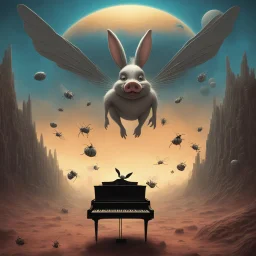 monochromatic black and white bugs bunny composer piano, diffrent planet, one swine pig piggy flying wasp angel, beksinski style daker theme