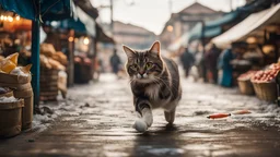 winter, Cinematic still of cat holding fish with paws, running away in a market. . Shallow depth of field, vignette, highly detailed, high budget, bokeh, Cinemascope, moody, epic, gorgeous, film grain, grainy