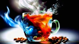 A cup of coffee with coffee beans around the image combined with light, water, ice and fire