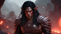 Elf, male, red skin, brown skin, red light, red planet, planet of ashes, black hair, Long hair, leather clothes, fantasy, mystic , bronze skin, shabby, unreal engine, brutal, with scars