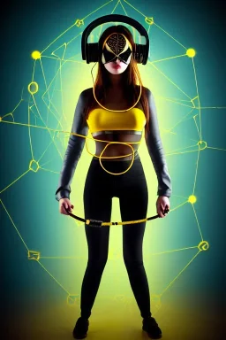 Realistic photograph. Geometric 3D tiling on the background, woman, Whip. Bronze color, Yellow, Black Cyan. Cyber-punk full-mask. Big old AKG headphones, golden rings & disc. Selfie both hands. Lightly armored, electronic circuit. Thick tights, thick calves, bend fell, wide hip, flat belly. Ancient artifact cables between. Perfect body. Matrix movie clothes, Silver leather area, tippet, latex. Wicked sneakers. Daft Punk, Tron Movie. Egyptian Haute Couture. 1990's. Light comes from right-front