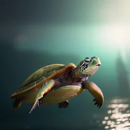 Turtle deep water lights night, unreal 5, octane render, cinema4d, redshift render, hyper realistic, cenematic, vibrancy, synthwave, retouch, centered, dynamic lighting, dramatic lighting, 4k, highly detailed, attractive beautiful, realistic, virtual reality, epic composition, holographic,