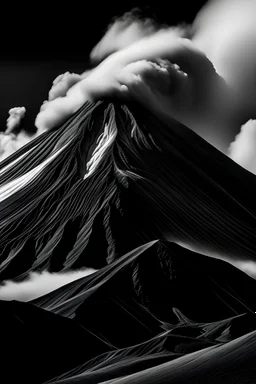 volcano in black and white highligting the different parts of the volcano