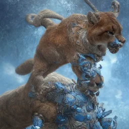 cougar in blue and white battle armor, a highly detailed illustration, background of Inka jungle, realistic render, 8 k, micro detail, intricate, elegant, centered, digital painting, Artstation, smooth, sharp focus, illustration, artgerm, tomasz alen kopera, peter mohrbacher, donato giancola, joseph christian leyendecker, wlop, boris vallejo