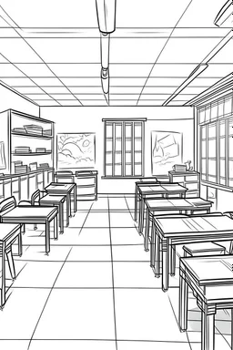 Outline art, class room interior design, no shading, no lines, cartoon style, --ar 9:11