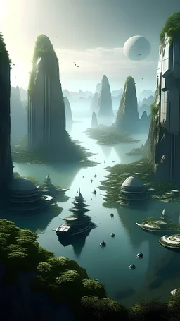 sci fi planet, large city, ha long bay