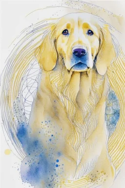 abstract watercolour of a golden retriever dog’s head in the style of Valerie Davide with bifurcated circles and thin pencil lines