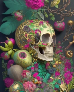 Mexican Skull Calavera, surrounded by poetic ornamental elements such as fruits, flowers, garlands of lights and native plants, colors Pink, Green, Gold and Black, 3D style, painting art, highly detailed, surrealist