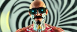 blissfull genious, cyber jobe, flying yoga magic , lawn mover man movie character, portrait of upper body of cool transparent guy made with nano tape and with shades and mustache and bald head, saw blade beholder eye tyrant flating beholder kin with eyes on each saw blade tooth saying something profound, hypnotic zebra twirl background, with chrome reflections, like he is floating in a giger cartoon