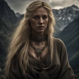 Behold the powerful alluring and pretty blonde barabarian woman, her body adorned with with runes, in the middle of the alps. intricate details, HDR, beautifully shot, hyperrealistic, sharp focus, 64 megapixels, perfect composition, high contrast, cinematic, atmospheric, moody