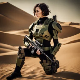 futuristic beautiful caucasian half cyborg female soldier, black metal body and limbs, scratched olive metal details, short brunette wavy bob haircut, dystopian, desert scene