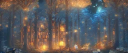 a huge library in forest with fireflies and orange mystic lights around trees that have wide leaves and broad trunked. At night with moon light. Realistic