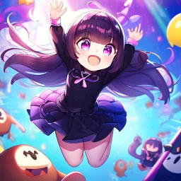 Clear focus,High resolution, Black long straight hair, and purple eyes, wearing a skirt,with stocking, with long boots on, Happy, Jumping, Loli