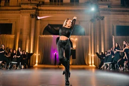 beautiful lady fullbody closeup shot in nice pants and shirt pretty boots dancing in stage,flashing lights