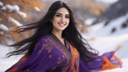 Hyper Realistic Close-up-face-view of a Beautiful Young Happy Pashto Girl with beautiful-eyes & long-black-hair smiling & wearing purple-&-orange-embroidery-dress-with-black-shawl whirling with breeze, tall-grass along with a thick-tree on mountain top & snowfall-day showing dramatic & cinematic ambiance