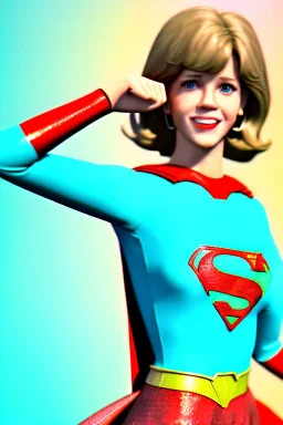 portrait, teenager, Jane Fonda, make-up, happy, coca-cola drinking, Realistic image, 60s, supergirl, tights minimal dress, sweat, Color background, photo studio, concept art, smooth, unreal engine 5, god lights, ray tracing, RTX, lumen lighting, ultra detail, volumetric lighting, 3d, finely drawn, high definition, 4k.