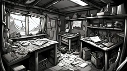 manga drawing of a dark stony scary room, a lot of items and tools