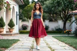 very beautiful lady with beautiful midi dark gray-red lace skirt and lace top with curvy hair sports shoes standing in a nice villa yard with trees flowers ,16 by 9