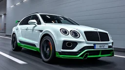 white and green porsche going fast against white and purple bentley bentayga
