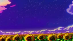 purple sky full of stars, sunflower field, anime, high res, makoto shinkai