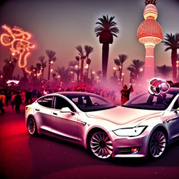 A Tesla's 'Model S Plaid' is performing donuts, in 'Jemaa el-Fnaa', in Marrakesh. CINEMATIC. WIDE ANGLE LENS.