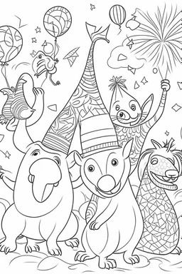 HAPPY NEW YEAR coloring page for kids, Party hats and streamers in an animal fiesta, thick outline, low details, no shading, no color