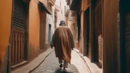 Rear view of an elderly Moroccan walking in a Moroccan alley