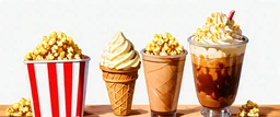 ice cream cones, sundaes, striped bag of popcorn, iced coffee drink with whipped topping. whimsical and delightful, digital painting on white