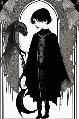 7 year old boy, necromancer, friendly, looks dead,with a long lamprey emerging from his belly , wearing black robes, in the style of Harry Clarke