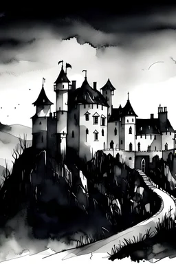 Watercolor black and white far away castle with a dark room little light lock roor on the right