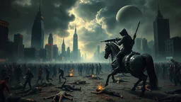 cyberpunk interpretation of Bruegel's "The Triumph of Death", capturing the symbolic "harvest" of humanity. this is terror. A dystopian metropolis under smog sky, where cybernetic grim reapers are executing physical harvest. Many of humans citizens killed an army of cyberwarrior androids and robots, panicking running people, many bodies lying on the ground. a cyber-death warrior in black hood with futuristic gun on a mechanical robot horse, thriller, detailed, cinematic