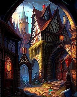 medieval fantasy cobblestone town with stained glass window buildings fairytale rpg art