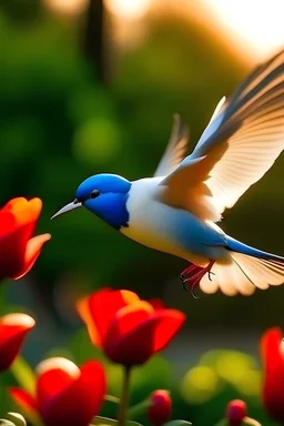 primer plano de una paloma azul y blanco volando y transportando un mosquito herido con sombrero rojo sobre un jardin de tulipanes al atardecer de un dia caluroso