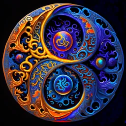 yin-Yang symbol, hyper detailed, photorealistic, hyper detailed, hyper defined, orange, azul, purple, yellow, DMT art