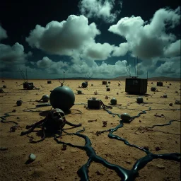 Photograph, objects scattered over an arid surface, night, clouds, tv studio, nothingness, spooky, close-up, in Yves Tanguy style, nightmare, highly hypermaximalist, details of the terrain very accentuated, 8k, deep 3d field, sharp, eerily mysterious, artistic photo, large format film, shot on Hasselblad, 33mm photography, mysterious, dark, rotten, macabre, streams of black liquid